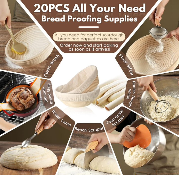 Bread fermentation basket kit in use with dough, cloth liner, and dough scraper during rising