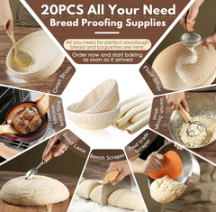 Bread fermentation basket kit in use with dough, cloth liner, and dough scraper during rising
