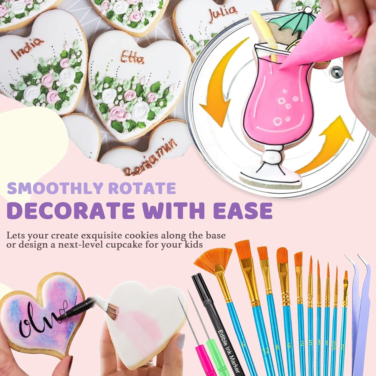 Cookie decorating tools including decoration brushes, scriber needles, and edible pen for sugar cookies