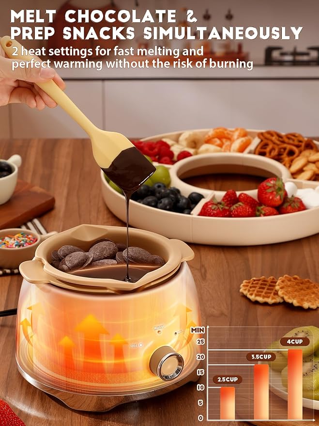 Fondue pot with Melt and Warm temperature settings for consistent chocolate fondue experience