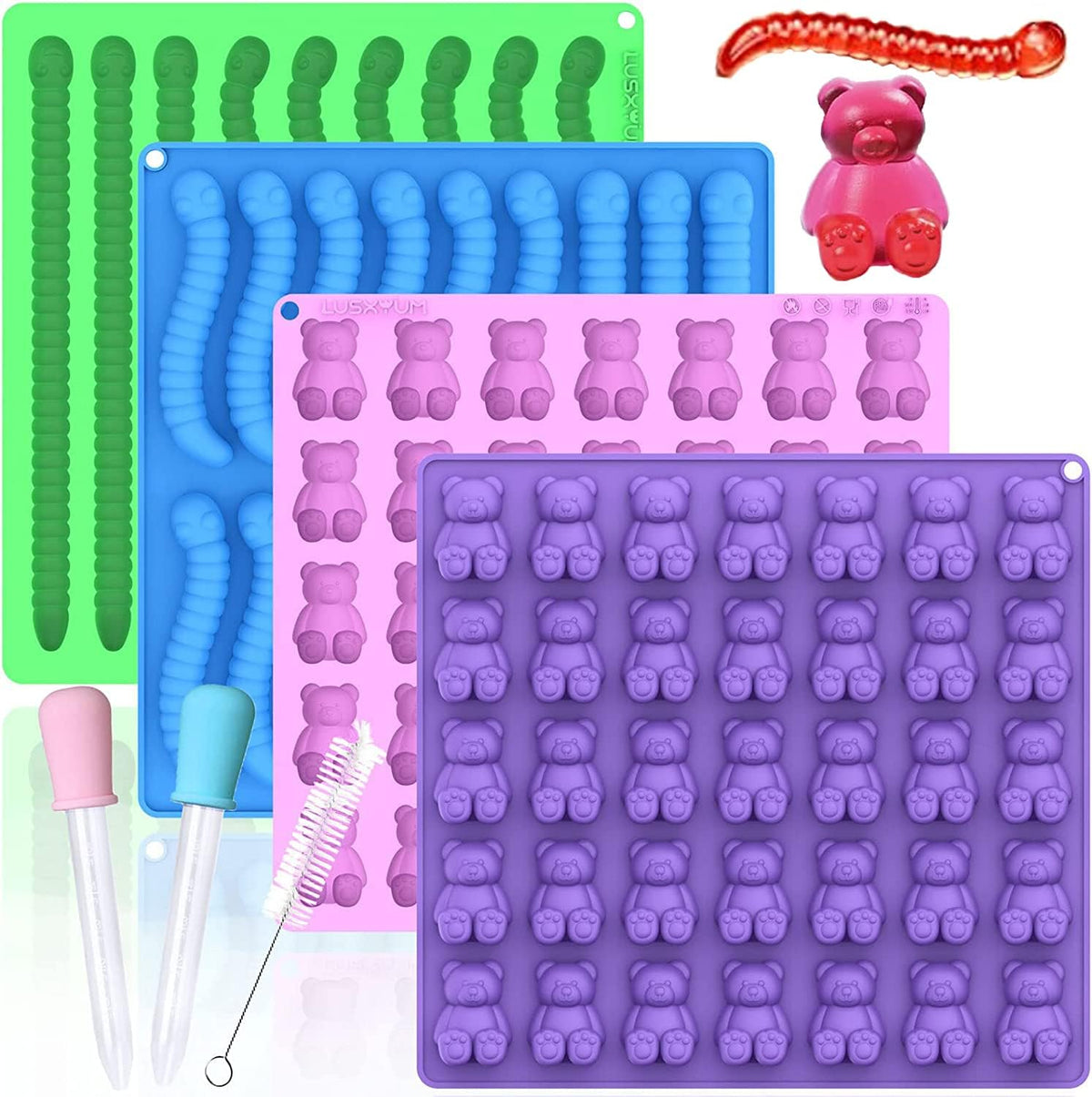 LOREC 4Pcs Gummy Bear Molds Nonstick Candy Silicone Molds Without BPA Reusable Sweet With 50
