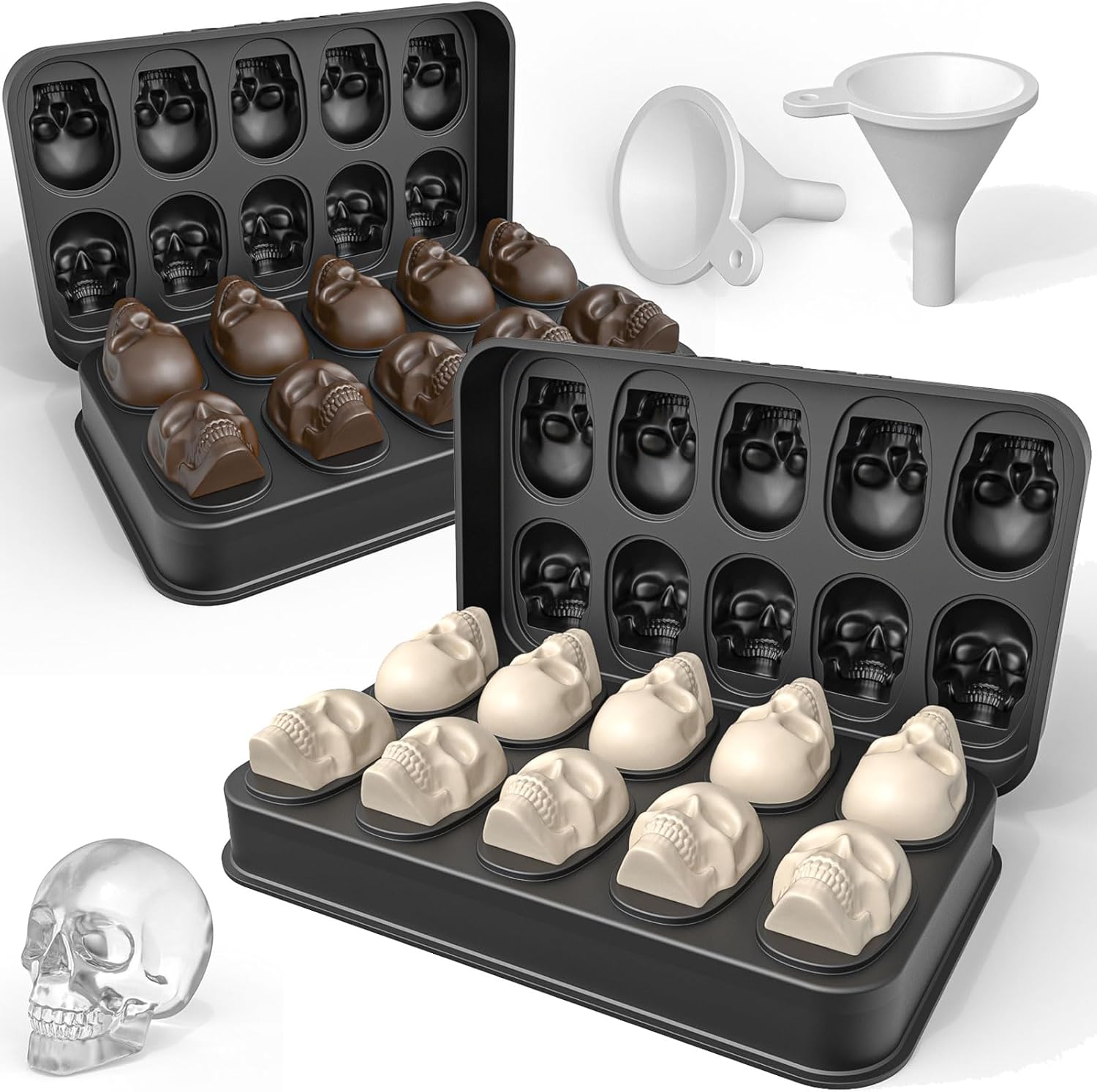 LUSHYUM 2-pack skull ice cube molds made of flexible BPA-free silicone, easy release 3D skull tray for chocolate, cocktails, and Halloween-themed creations.