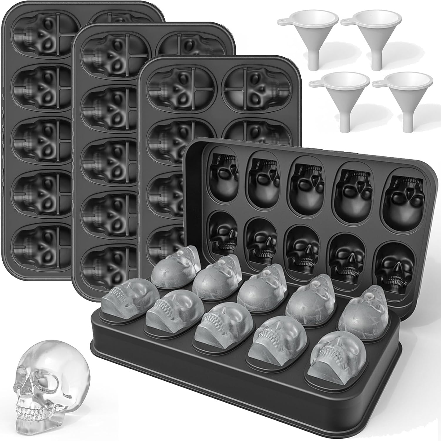 LUSHYUM 4-pack 3D skull ice cube molds made of BPA-free food-grade silicone, perfect for Halloween parties, cocktails, and DIY chocolate or resin crafts.