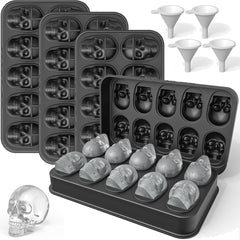 LUSHYUM 4-pack 3D skull ice cube molds made of BPA-free food-grade silicone, perfect for Halloween parties, cocktails, and DIY chocolate or resin crafts.