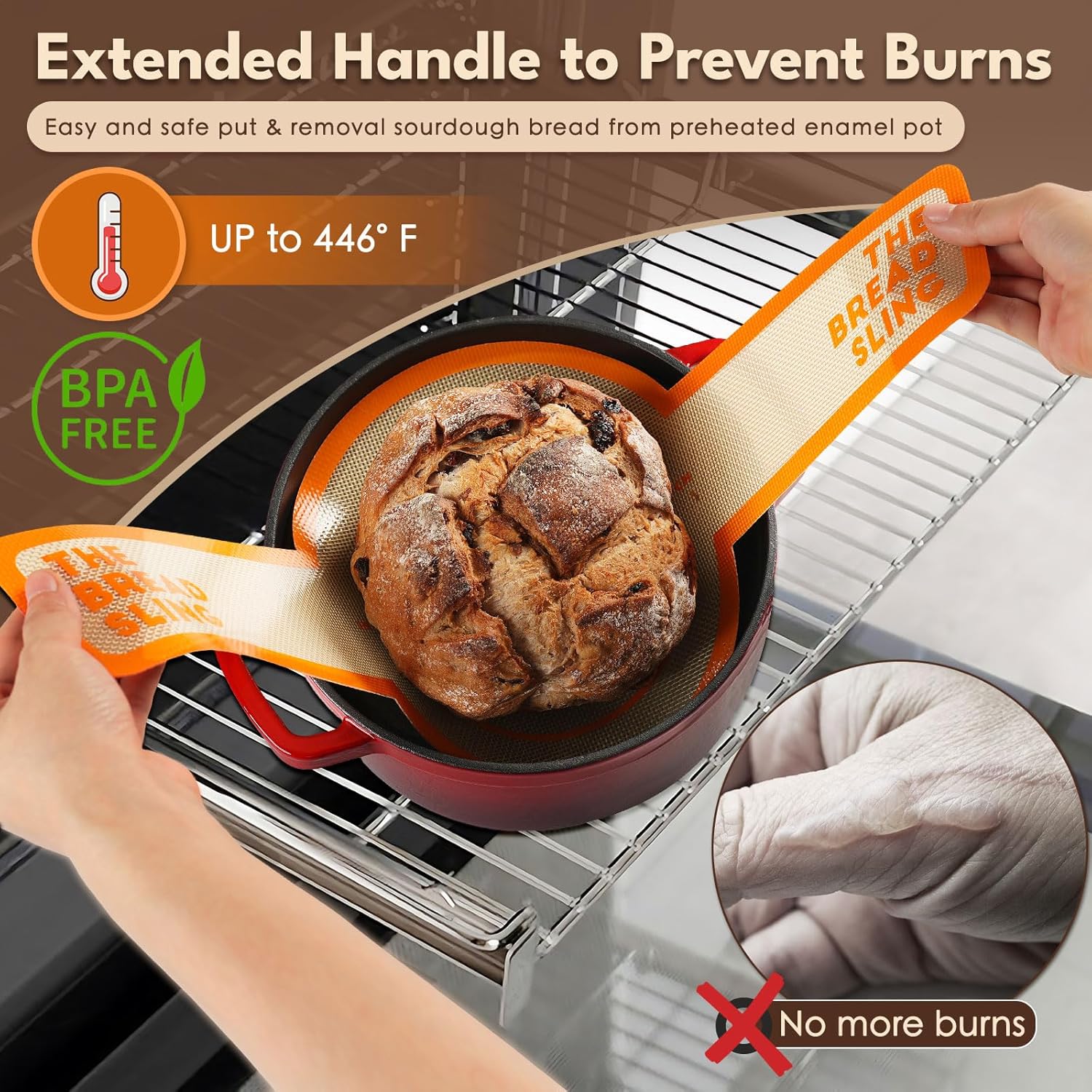 Close-up of ergonomic long handles on LUSHYUM bread sling for safe and easy dough placement and removal from Dutch ovens