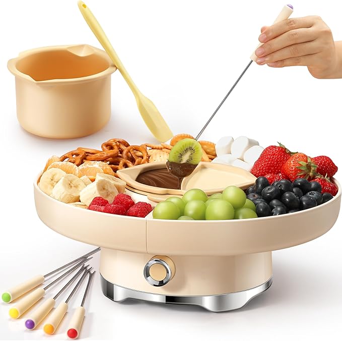  LUSHYUM Chocolate Fondue Set with melting pot, 4 rotating trays, and fondue forks – perfect for parties and gifting
