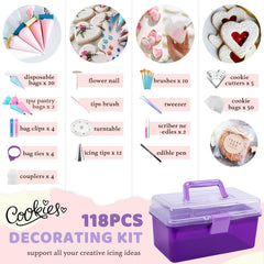 LUSHYUM 118-piece cookie decorating kit accessories including royal icing piping bags, tips, turntable, scribes, brushes, and decorating tools
