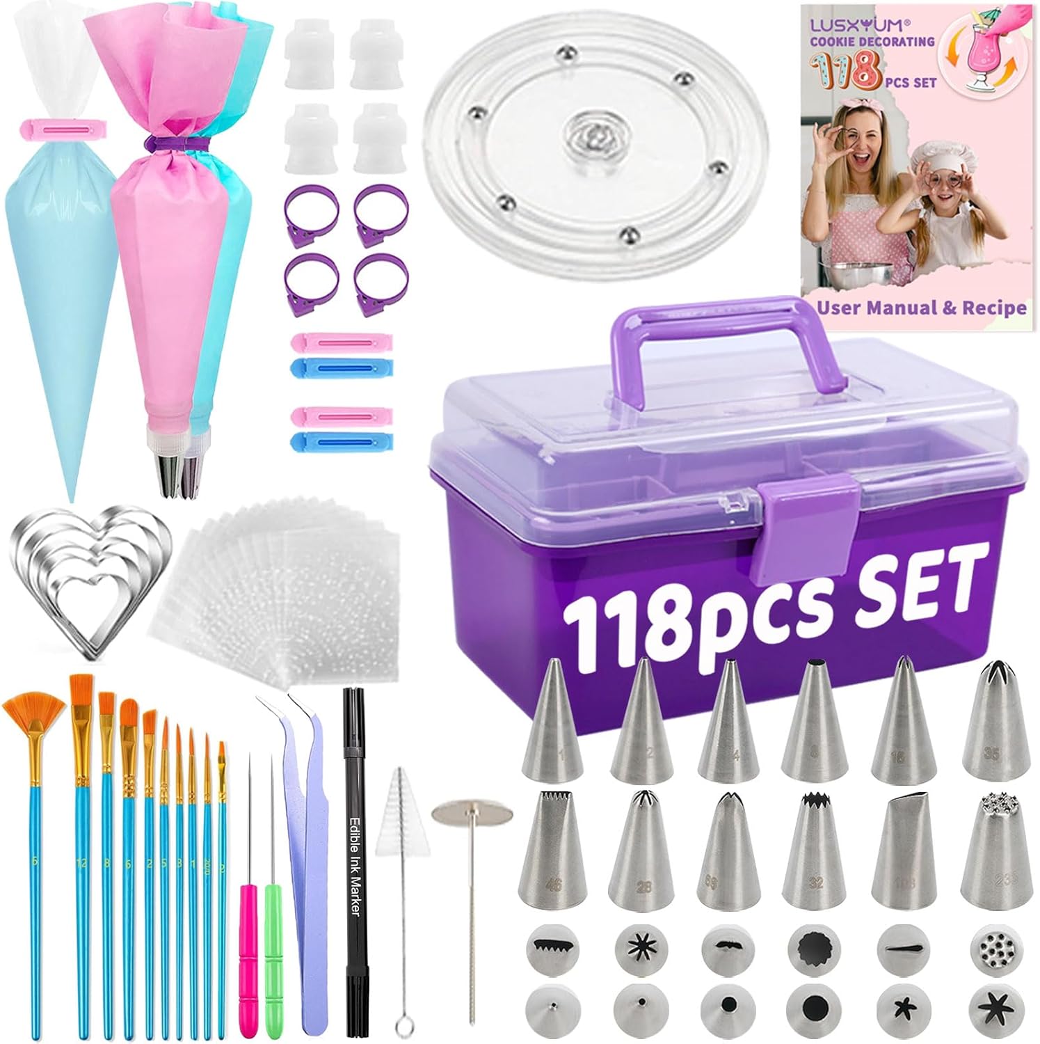 LUSHYUM all-in-one cookie decorating kit with piping bags, tips, decorating tools, and elegant storage case