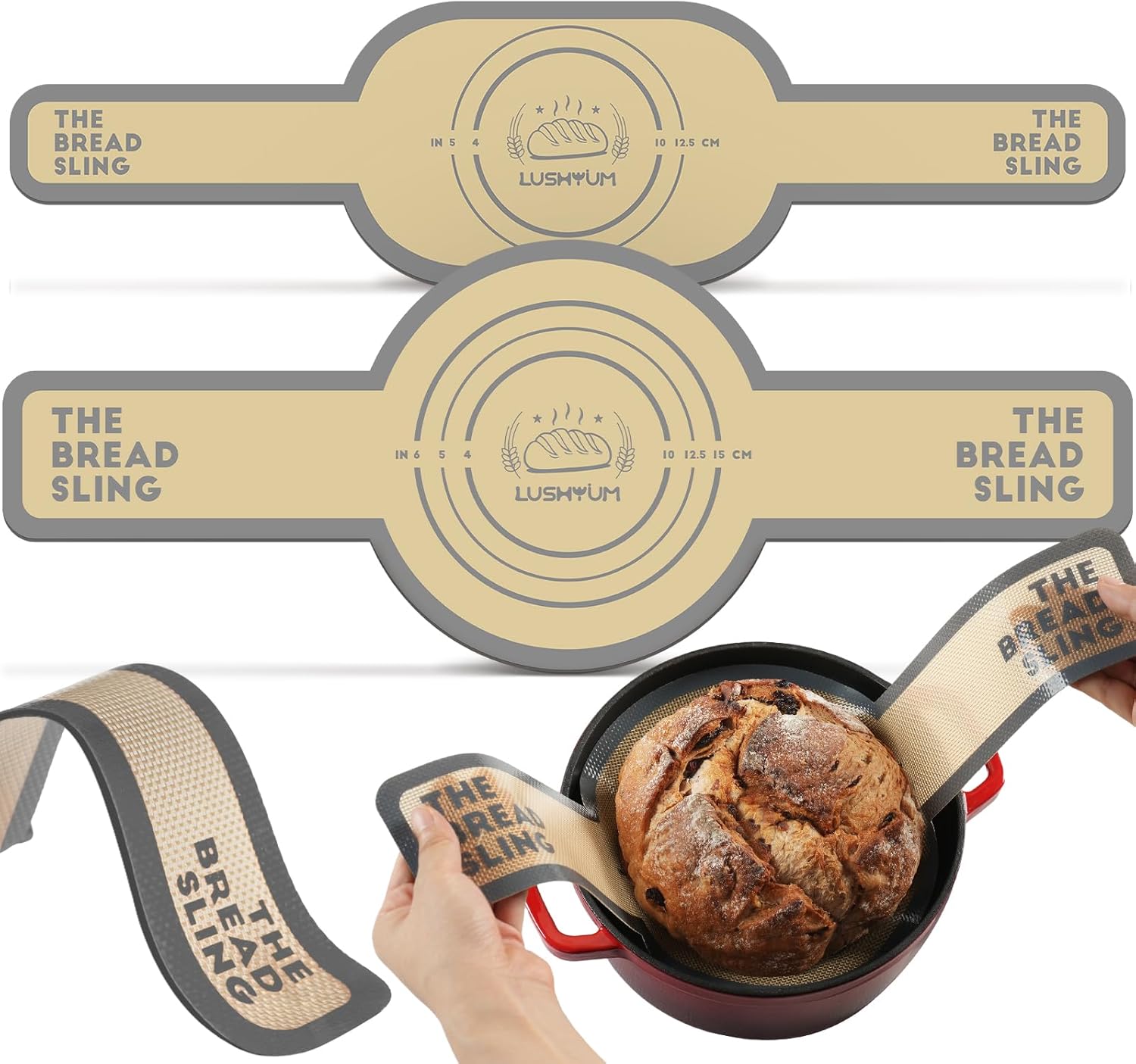 LUSHYUM gray silicone bread sling for Dutch oven, non-stick reusable sourdough baking mat with long handles for easy dough transfer