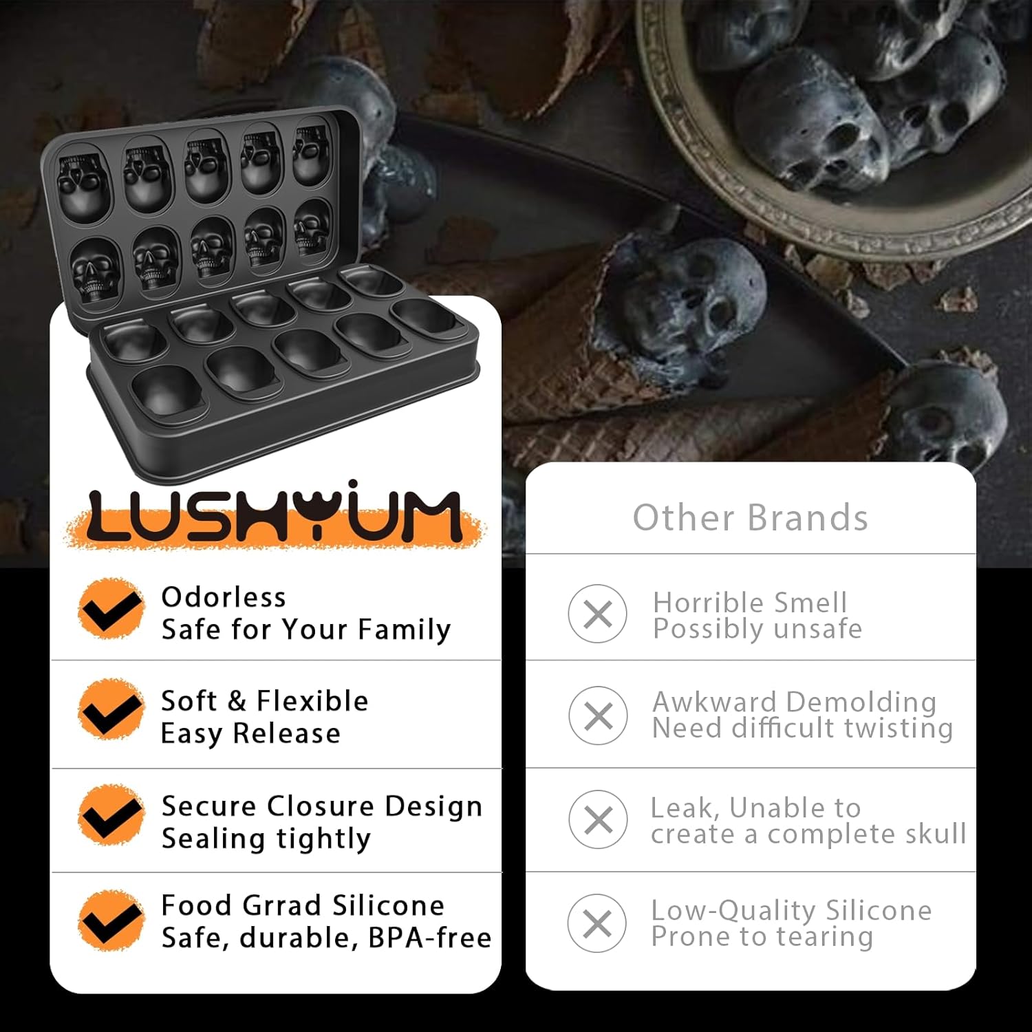 LUSHYUM 3D Skull Ice Cube Mold vs other brands – BPA-free, food-grade silicone, secure closure, easy release, and detailed design for perfect skull shapes.