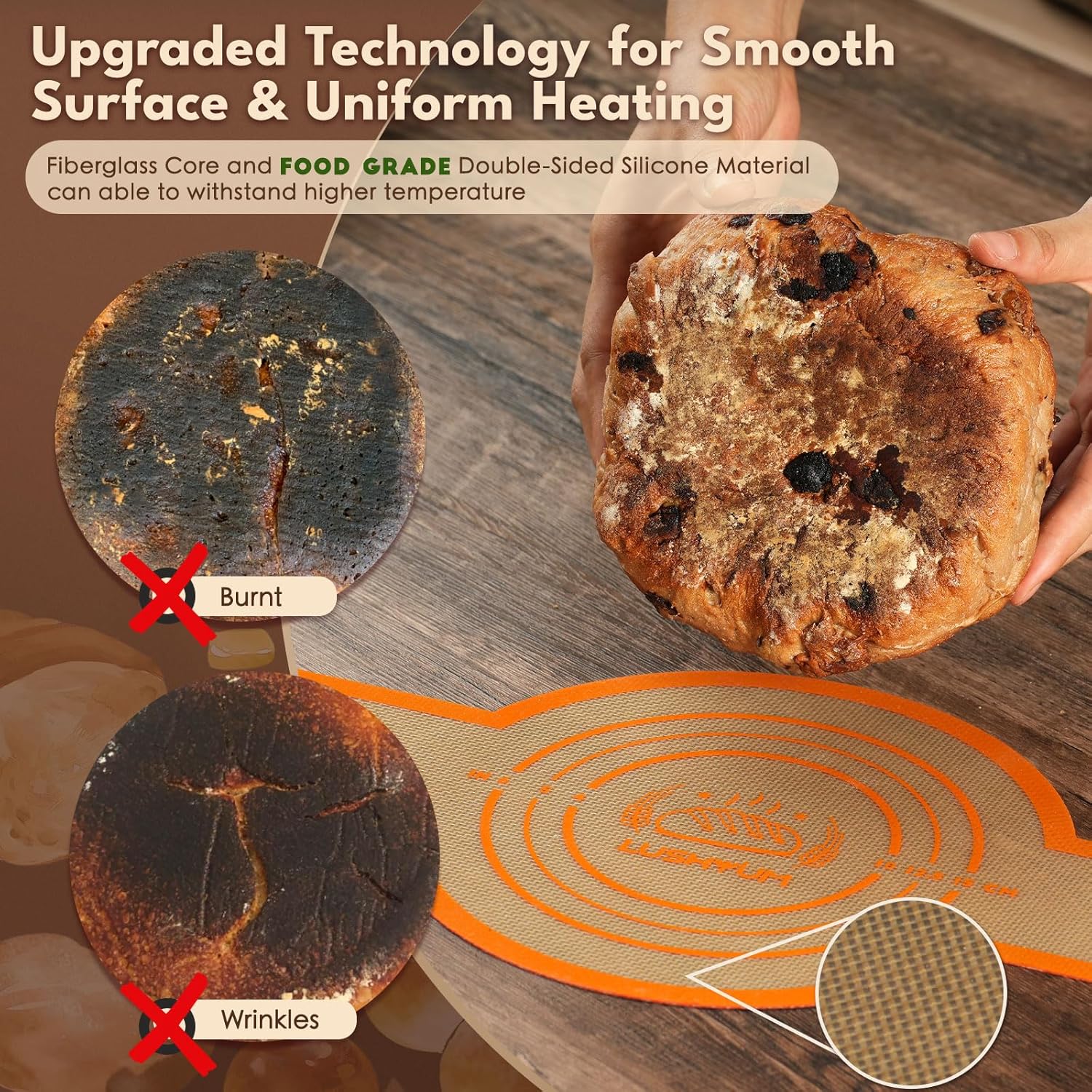 Thick 7mm heat-resistant silicone sourdough baking mat by LUSHYUM for even baking and wrinkle-free bread bottoms