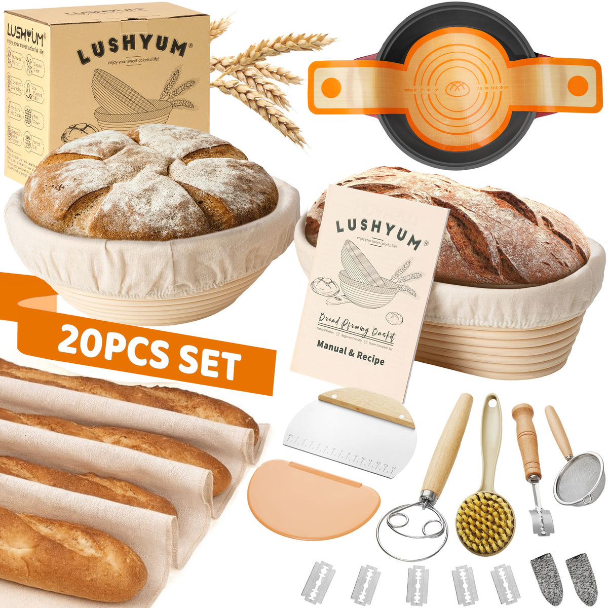 HaloZee 2-Pack Banneton Bread Proofing Basket Set – 10” Oval & 9” Round Rattan Baskets With Baking Tools