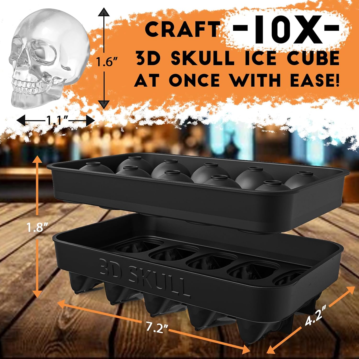 Multi-cavity silicone skull ice tray makes 10 realistic skull cubes at once, great for parties