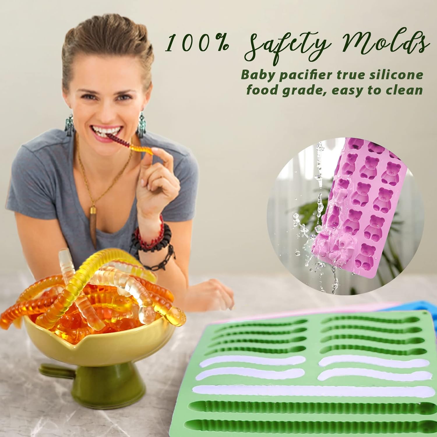 Non-stick candy molds for easy release of homemade gummy bears and worms without residue