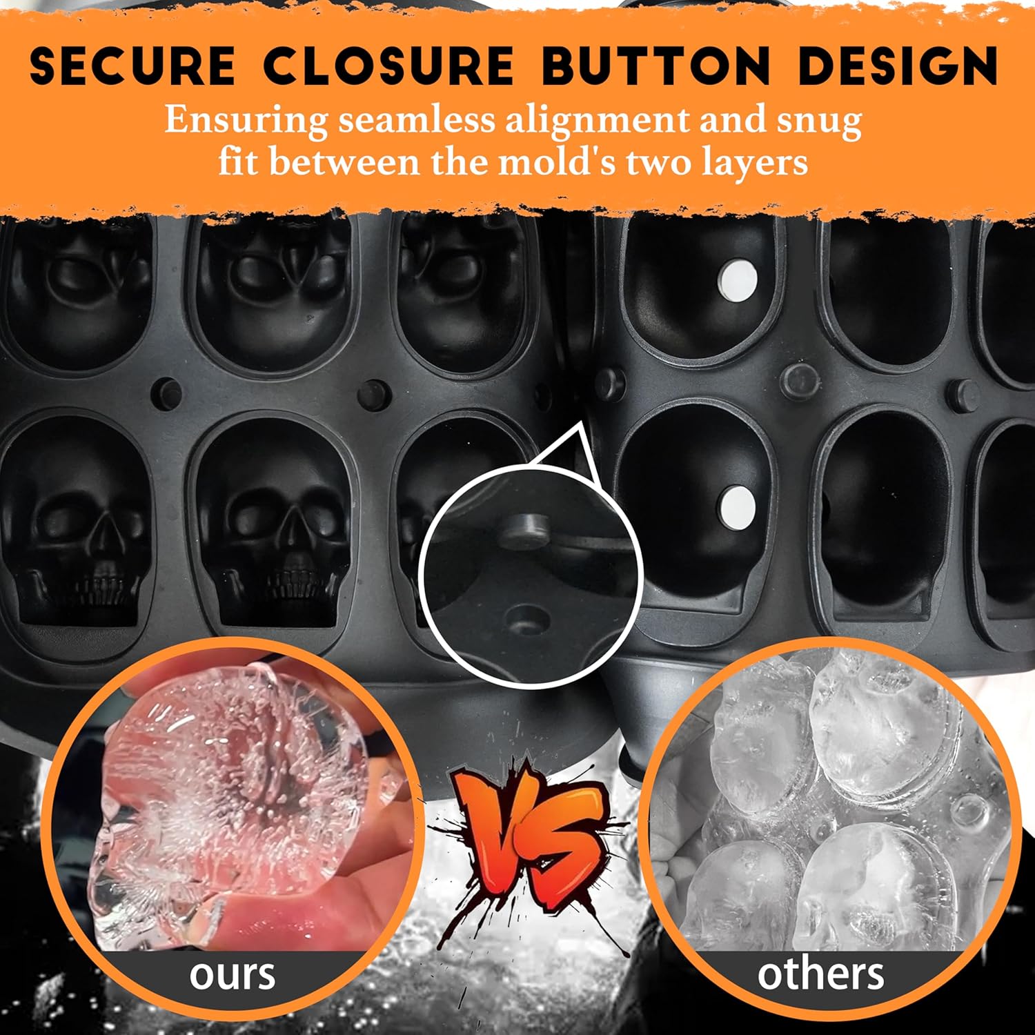 Flexible non-stick skull silicone mold allows easy release of ice cubes without breaking