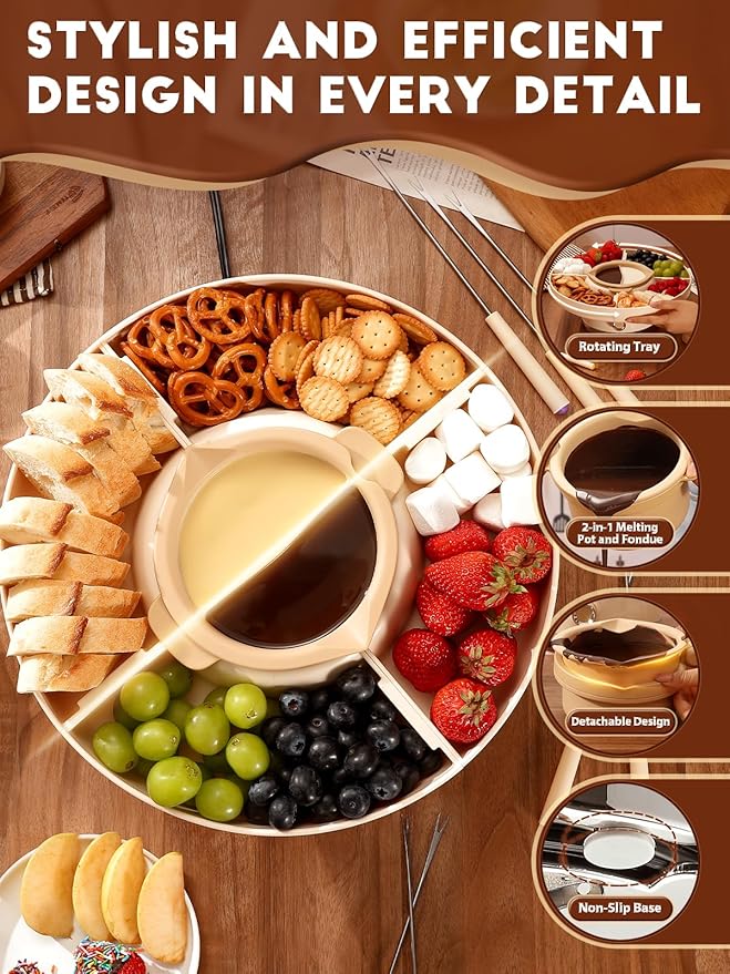 Chocolate fondue set with 4 rotating trays for easy dipping of cookies, fruits, and treats