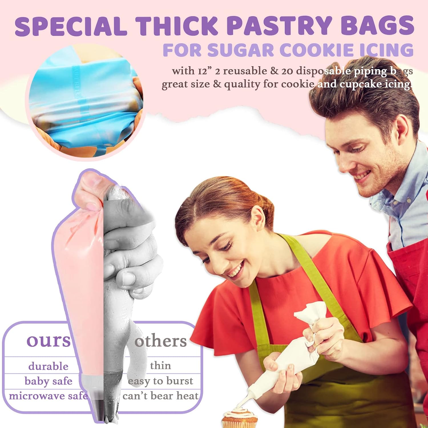 Reusable silicone TPU piping bags and disposable piping bags included in cookie icing kit for decorating
