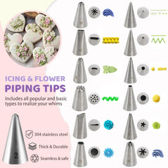 Royal icing decorating kit with 12 stainless steel piping tips for lining, flooding, and floral designs
