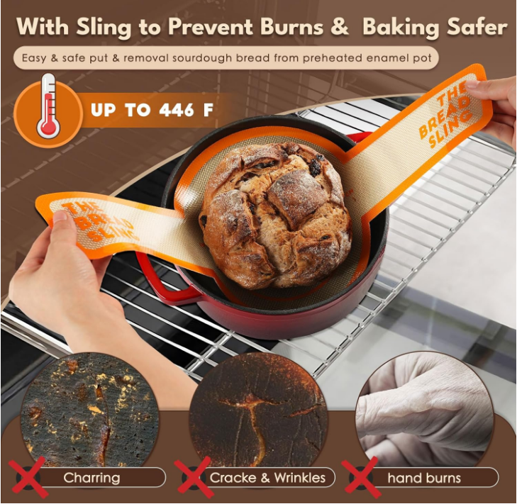 Silicone bread sling included for safe sourdough baking – prevents burns and makes transferring dough into hot pots easier