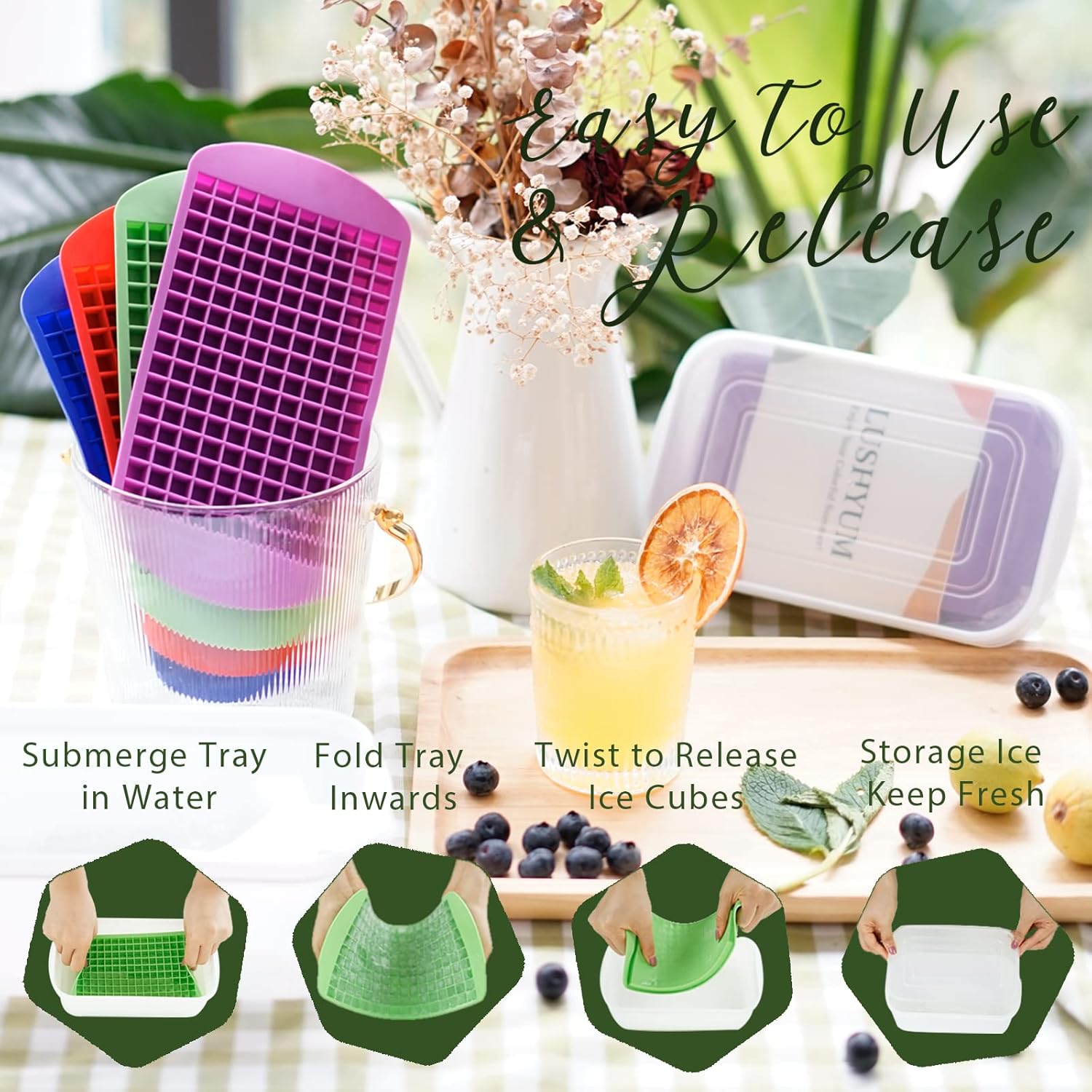 Flexible small silicone ice cube trays for quick and easy ice cube release, perfect for cocktails and cold drinks