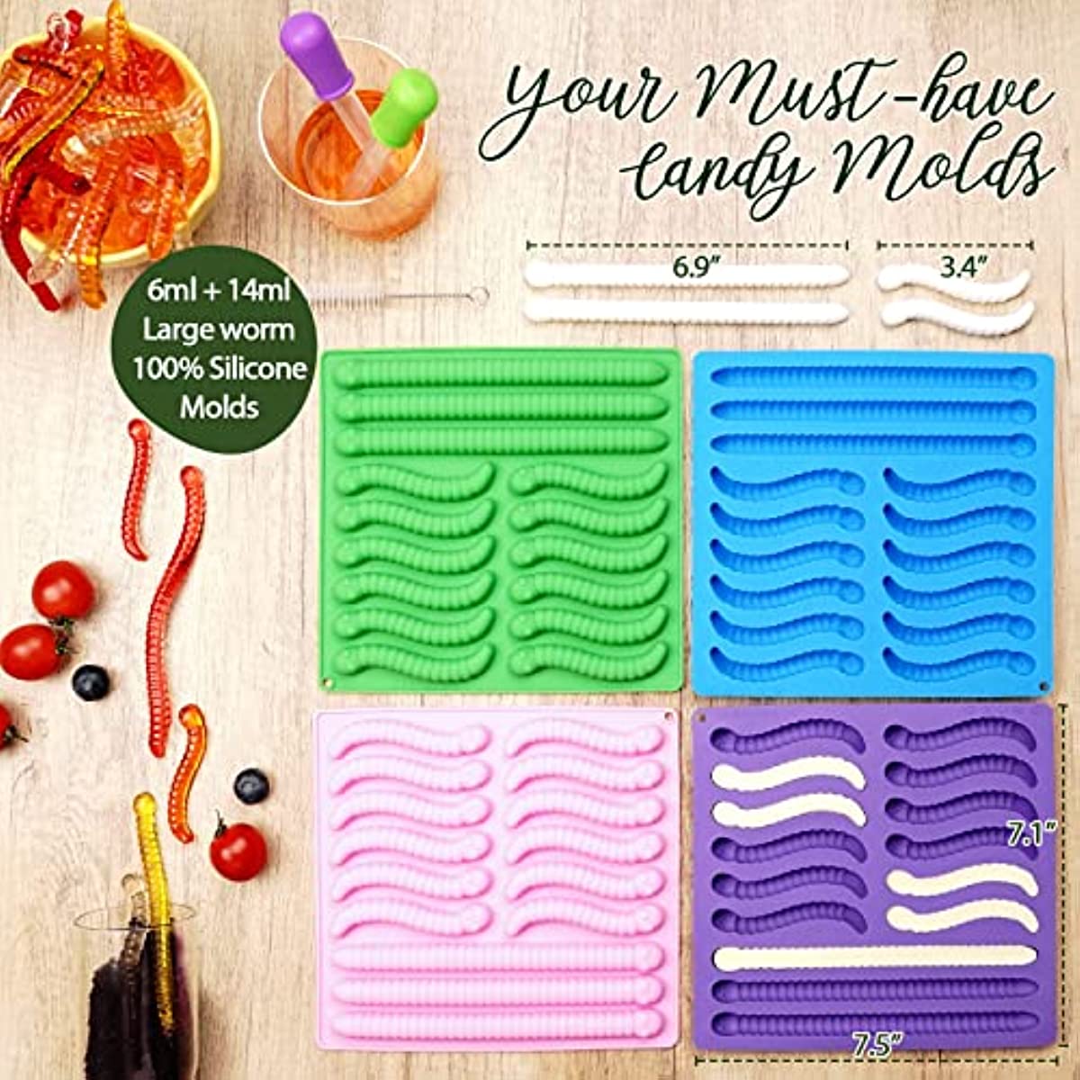 Close-up of detailed worm indentations on non-stick silicone gummy worm molds for perfect candy shapes