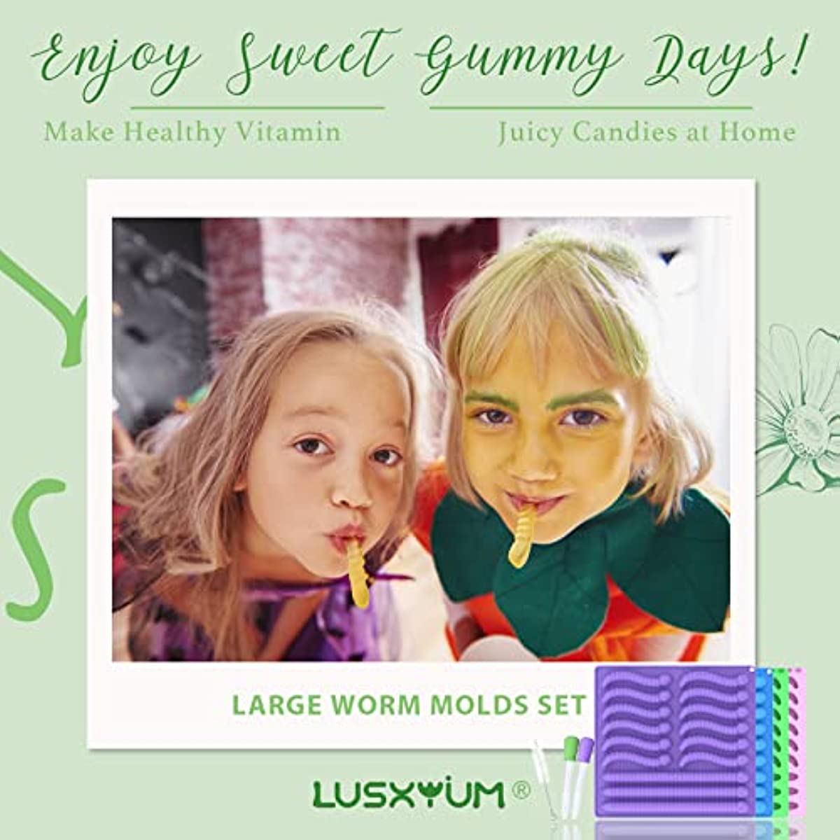 Kids having fun making gummy candies together using LUSHYUM silicone gummy worm molds with droppers